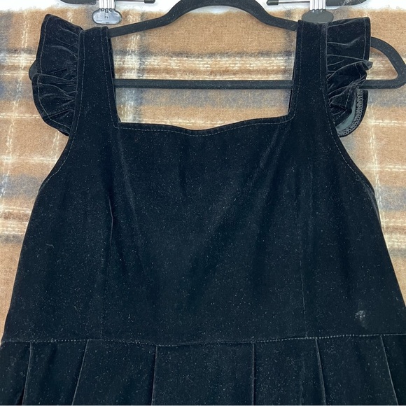 CHU DU CLASSIC FASHION SQUARE-NECK RUFFLE STRAP VELVET MIDI DRESS SIZE:L BLACK - Picture 5 of 12